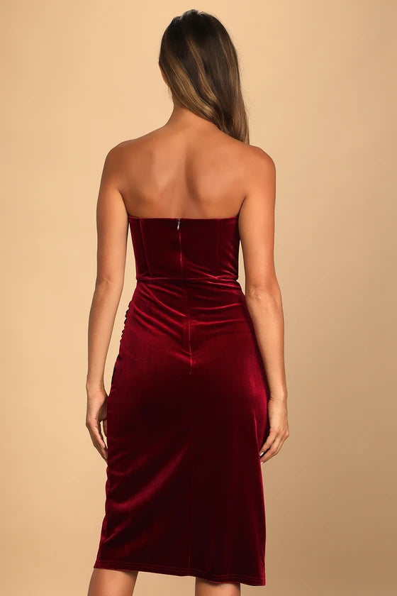 Weitese Formal Women's Dresses Glamorous Celebrations Wine Red Velvet Strapless Dress Prom Dress Stores
